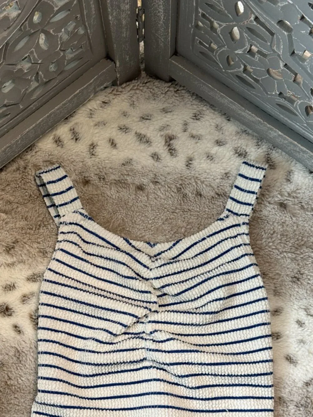 J.Crew Crewcuts navy cream striped swimsuit girls size 7 preppy beach summer